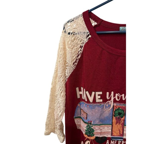 Womens Christmas Graphic Top W/Lace Sleeves  Camper Design Merry Little Christma - Picture 4 of 5